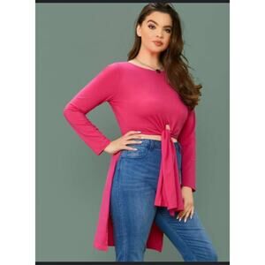 SHEIN Hot Pink Round Neck Tie Front Long Sleeve Casual T-Shirt Top Size 16